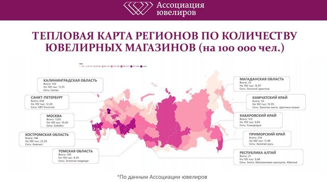 Количество ювелирных магазинов на 100 тысяч жителей